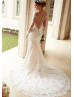 Sheer Neckline Ivory Lace Tulle Long Sleeves Buttons Back Wedding Dress